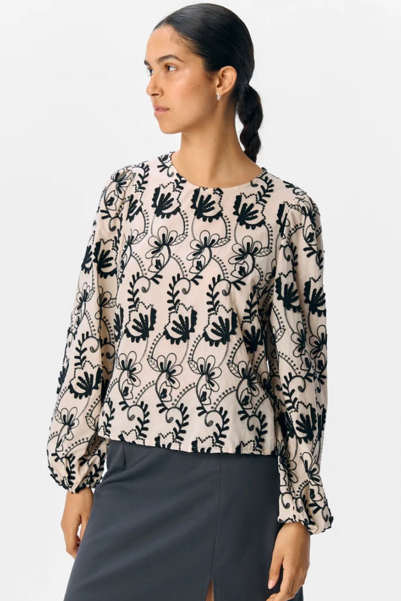Bluse „Objmya“ Beige/Schwarz