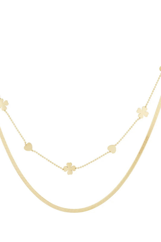 Doppelte Halskette Kleeblatt Herz - Goldfarben „02181“