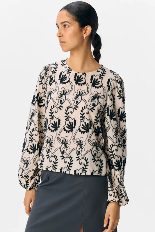 Bluse „Objmya“ Beige/Schwarz